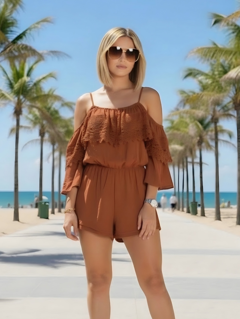 Forever 21 Women Size L  Rust Brown Cold-Shoulder Lace Romper